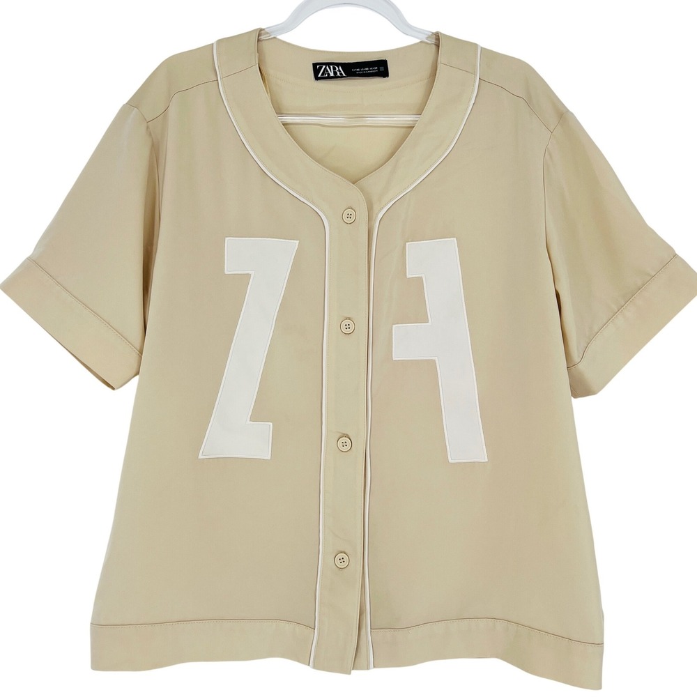 Zara Oversized Jersey Shirt Women XS Tan Baseball Varsity Button Up Sporty